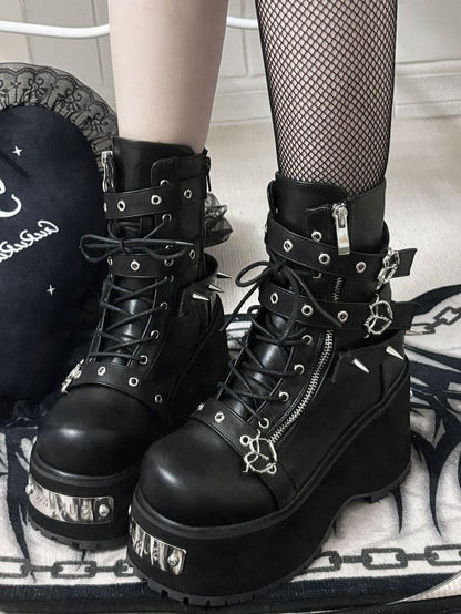 Polished Black/Matte Black Punk Stud Buckle Strap Gothic Platform Boots