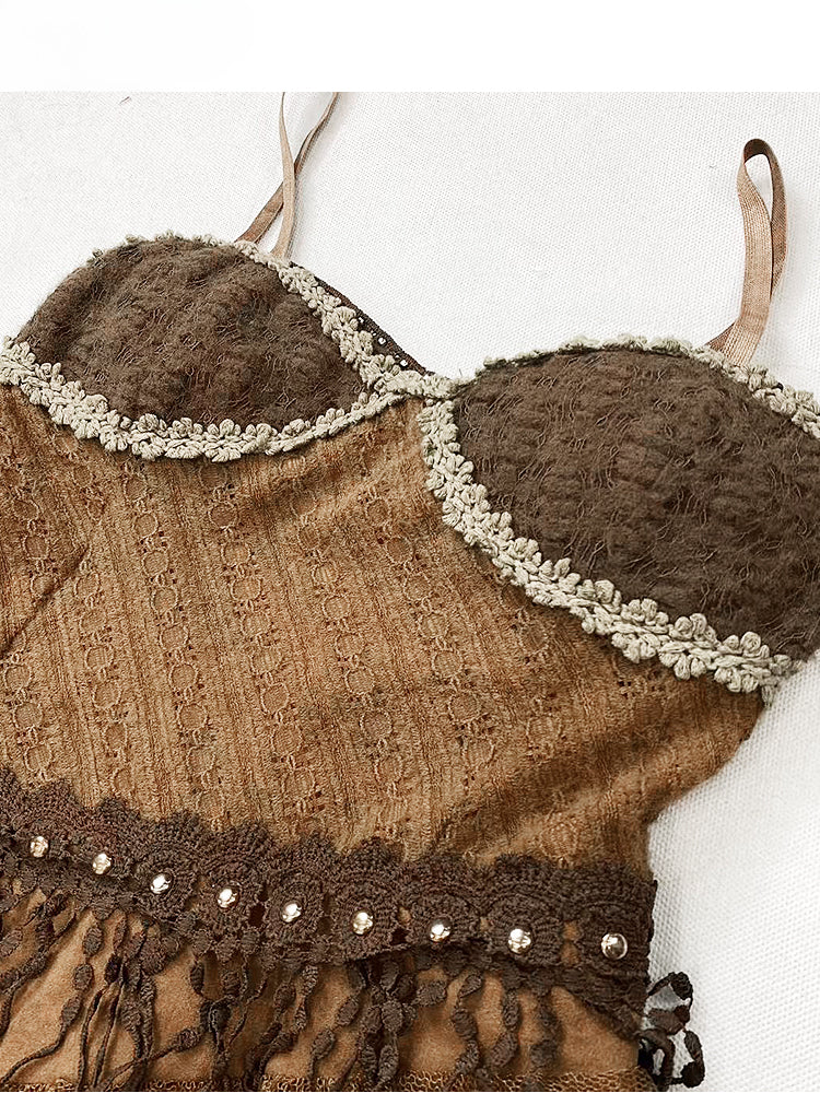 Millard Fashion Wasteland Punk Vintage Brown V-neck Floral Trim Glamorous Cami Dress With Overlay