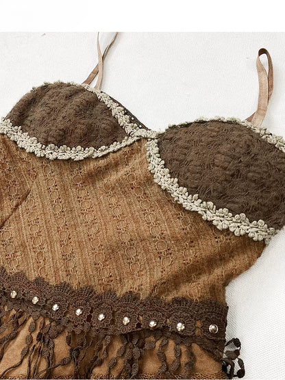 Millard Fashion Wasteland Punk Vintage Brown V-neck Floral Trim Glamorous Cami Dress With Overlay