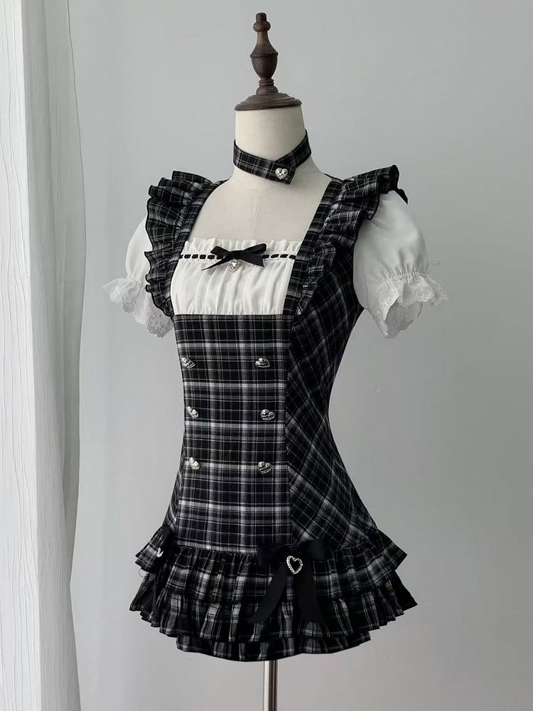 Black Plaid Square Neck Puff Sleeve Low-Waist Dress and Shorts Set - Ekomi