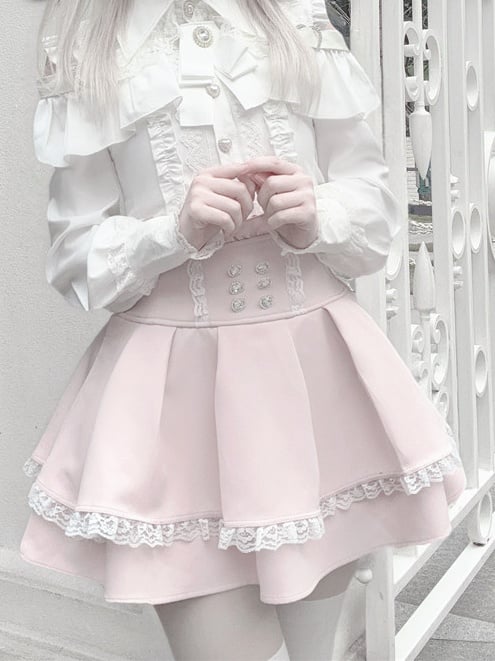 Pink Rhinestone-Embellished Lace Skirt High-Waist Ryousangata Trim