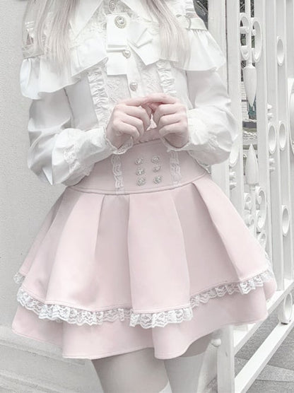 Pink Rhinestone-Embellished Lace Skirt High-Waist Ryousangata Trim