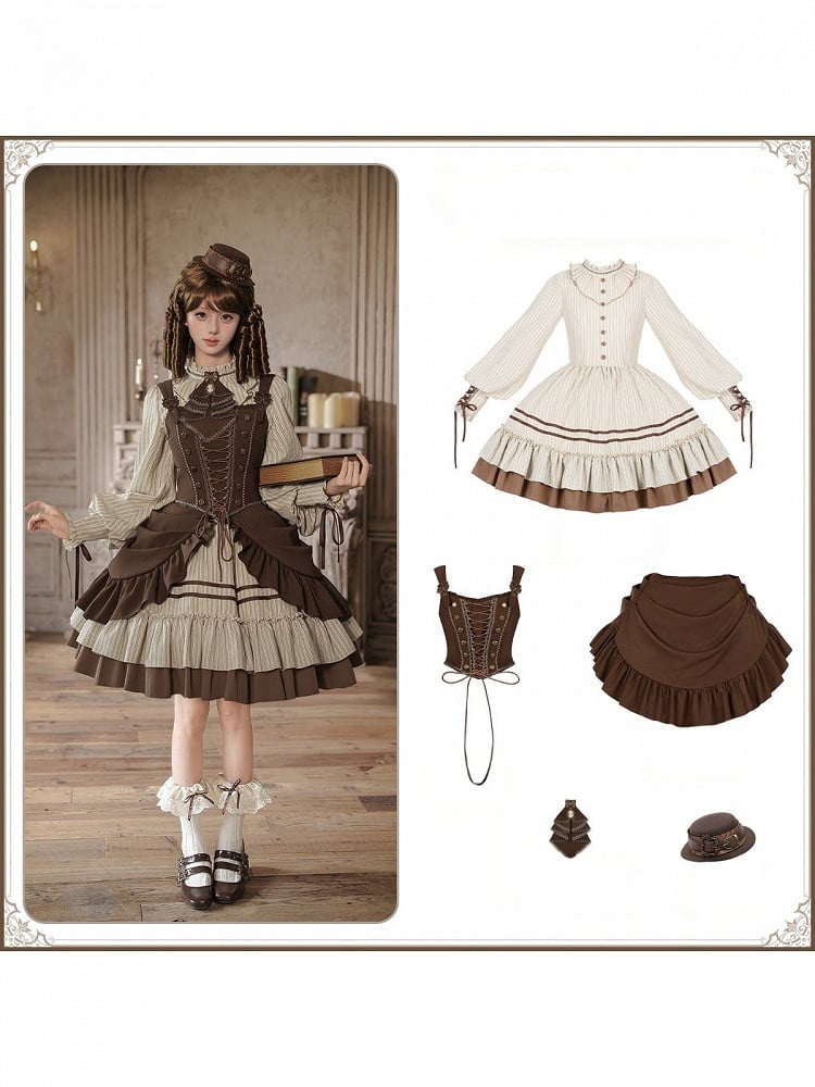 Beige Brown Striped Ruffle Lolita OP Dress Set with Corset, Jabot & Mini Hat - With PUJI