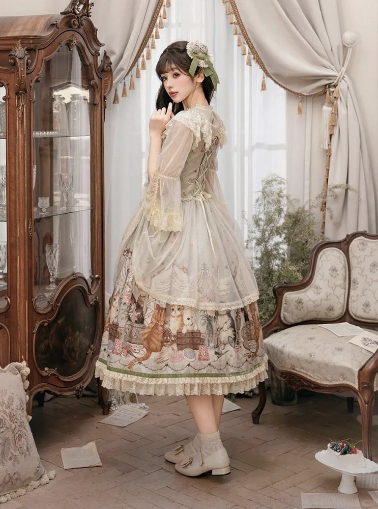 Green Cat Print Lace Ruffles Sweet Lolita JSK Dress with Drawstring Overlay - NyaNya