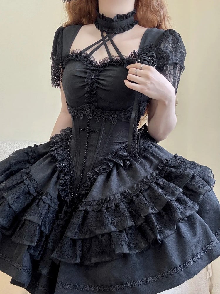 All Black Gothic Lolita Full Set – Halter Lace Top + Cropped Bolero + Boning Corset Skirt | The First Witch