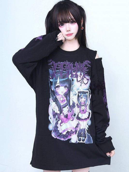 Print Zipper T-Shirt Black Design with Cutout Jirai Kei Shoulder Cartoon Long-Sleeve
