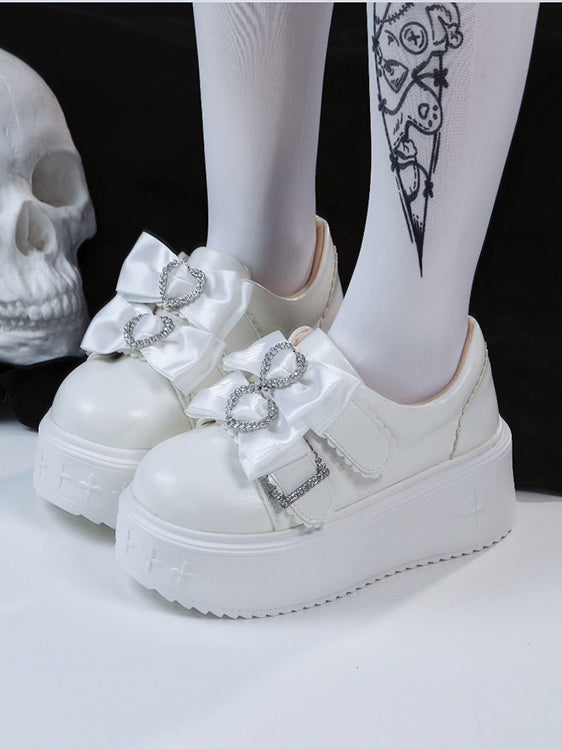 Details PU Kei White Rhinestone Shoes Version Platform Bow Heart Decor Slip-in Fit Jirai Design Regular/Thicken in