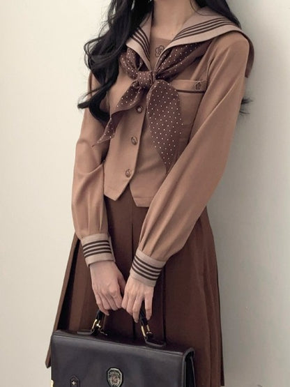 JK Sailor Embroidery Uniform Blouse Collar Floral Brown
