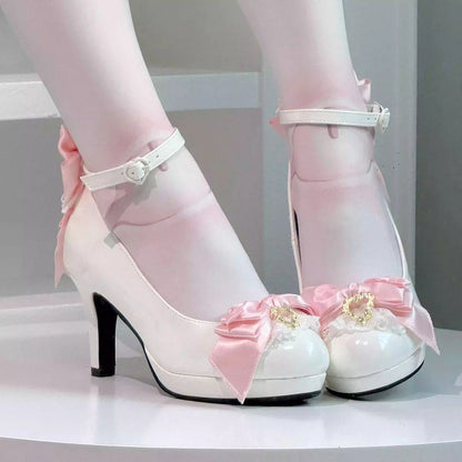 Bow Lolita Details for Snap Heels PU White Pink Decorative - Elegant Heart-shaped High