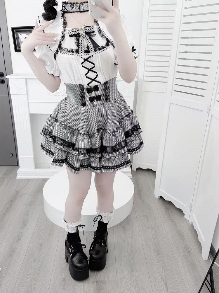 Monochrome Houndstooth Tiered Skirt with Lace Trim and Rhinestone Bows - GingaU