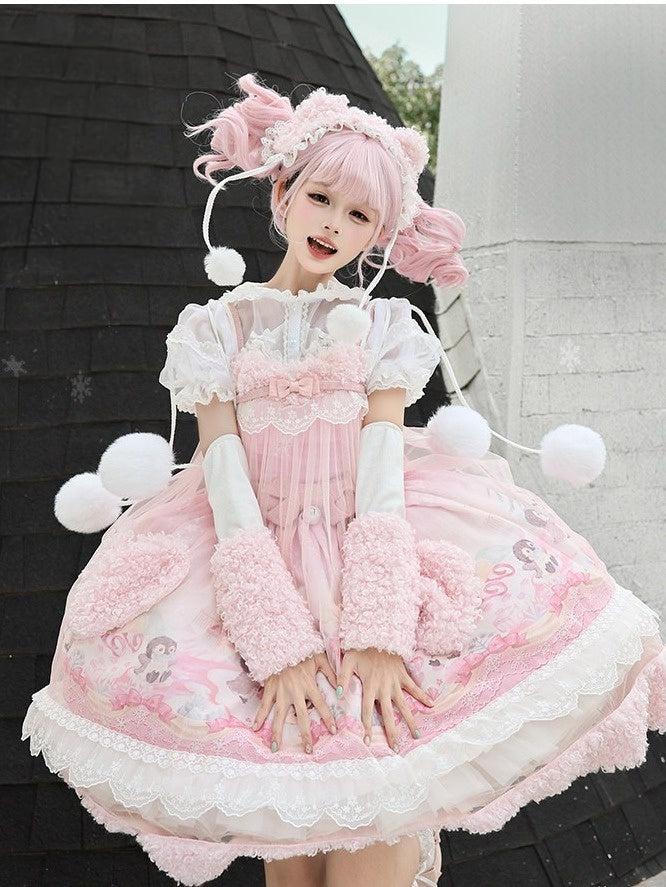 Pink Snow Theme Plush Heart Pocket Lolita Jumper Skirt Dress with Overlay - Lineall Cat