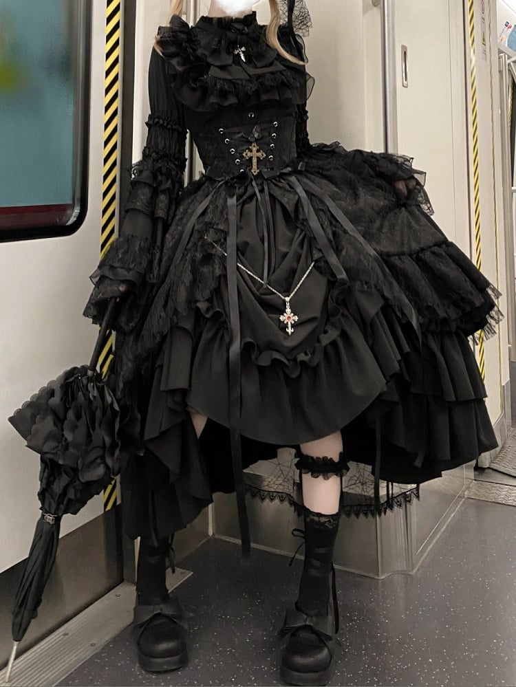 High Corset Lolita Waist Under Boned Skirt Black Gothic / Drawstring