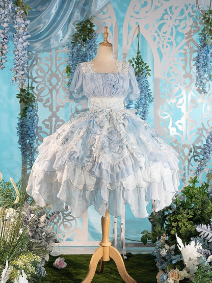 Dress Blue Accents Lolita Version JSK Rose Short Hanayome Layered Ruffles Flowing Light with