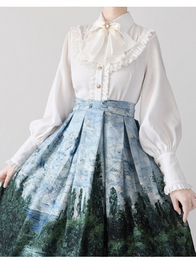 White Long Sleeve Flounce Hem Elegant Lolita Blouse with Puff Sleeves