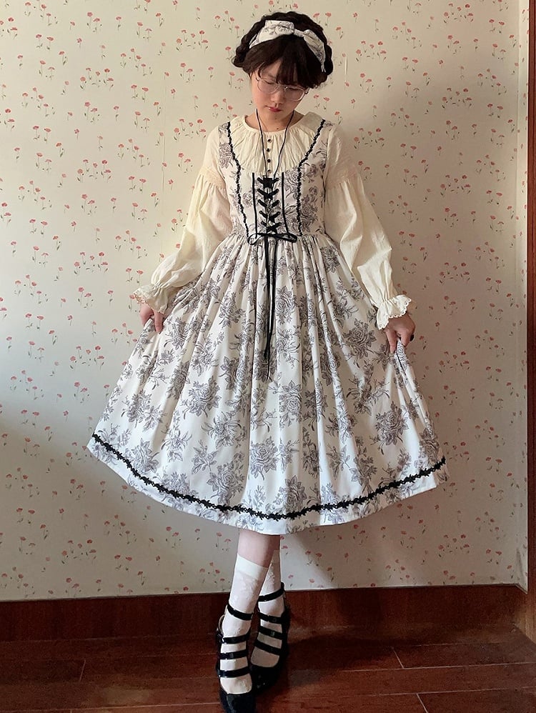 Beige & Black Rosette Print Long-sleeved Elegant Classic Lolita Dress