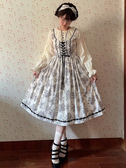 Beige & Black Rosette Print Long-sleeved Elegant Classic Lolita Dress