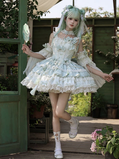 Grünes Lolita-Korsettkleid mit Schleifenakzenten, Ketten und Blumenperlen