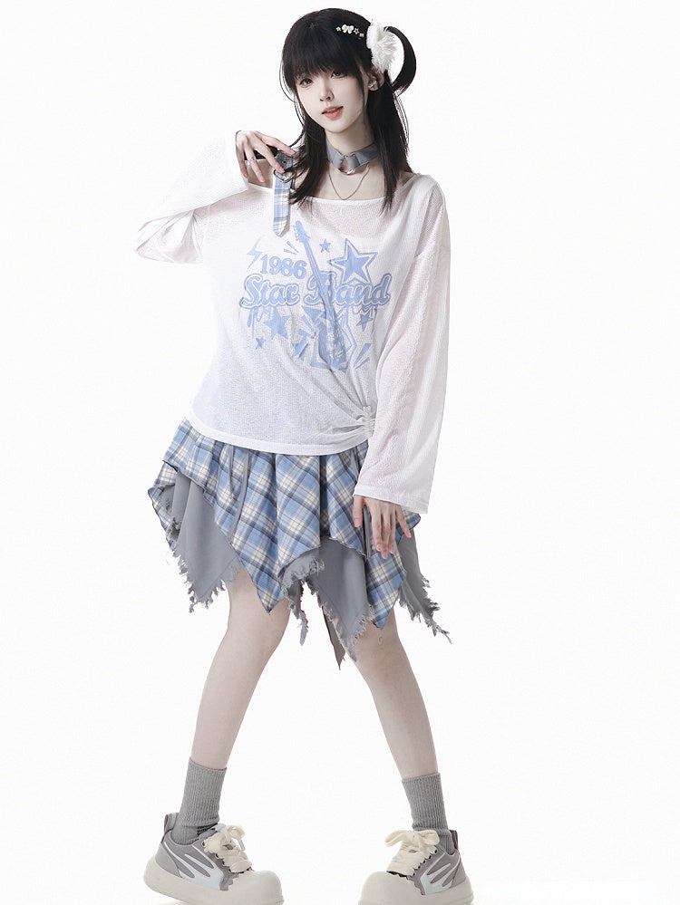 Plaid Skirt White /Black Frayed Handkerchief Hem Blue