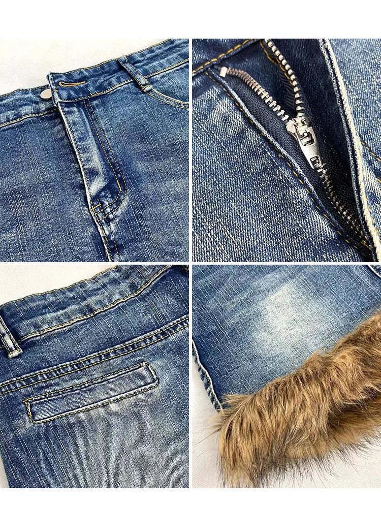 裾+脚のファッションスリットプラッシュスカートウォーマーデニムサイドストラップバックルギャルブルー