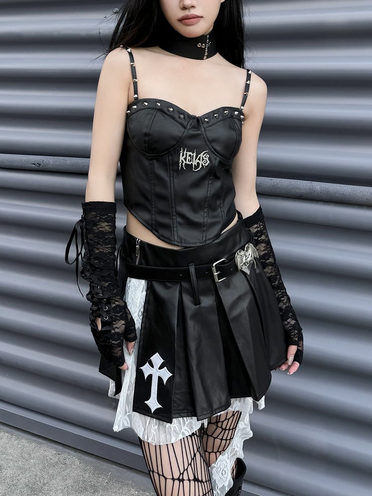 Punkrock Schwarzer PU-Patchwork-Faltenrock mit Kreuzapplikationen