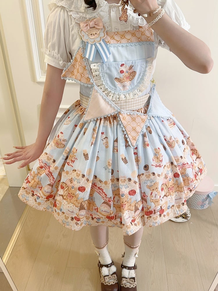 Blaues süßes Teddybär- und Dessert-Lolita-Overallkleid