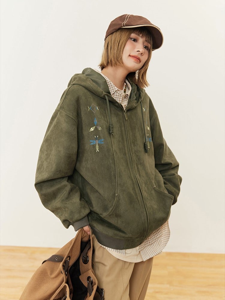 Ribbed Trim with Green Hood Vintage Print Hoodie Drawstring