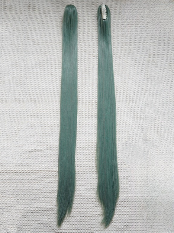 Staubig grüne Bob-Kurzperücke mit Pony+Doppelte gerade Pferdeschwanz-Krallenclips