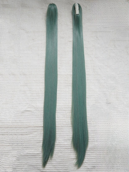 Staubig grüne Bob-Kurzperücke mit Pony+Doppelte gerade Pferdeschwanz-Krallenclips