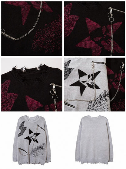 and Black/Gray Distressed Knit Sweater with Zipper Chain Detail