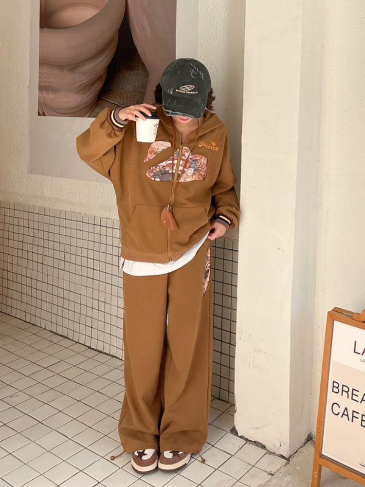 Brown Drawstring Cuffs Wide-Leg Pants Millard Fashion Prince Print Vintage