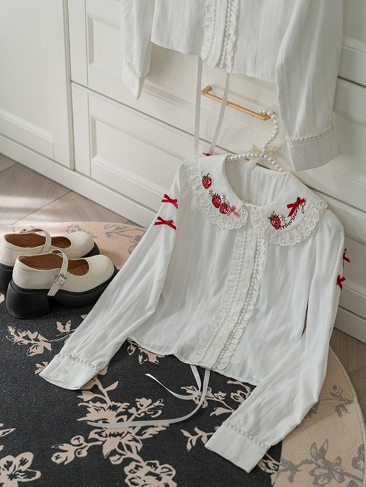 Red Embroidery Lolita Long-Sleeve Ruffled Blouse Strawberry White with