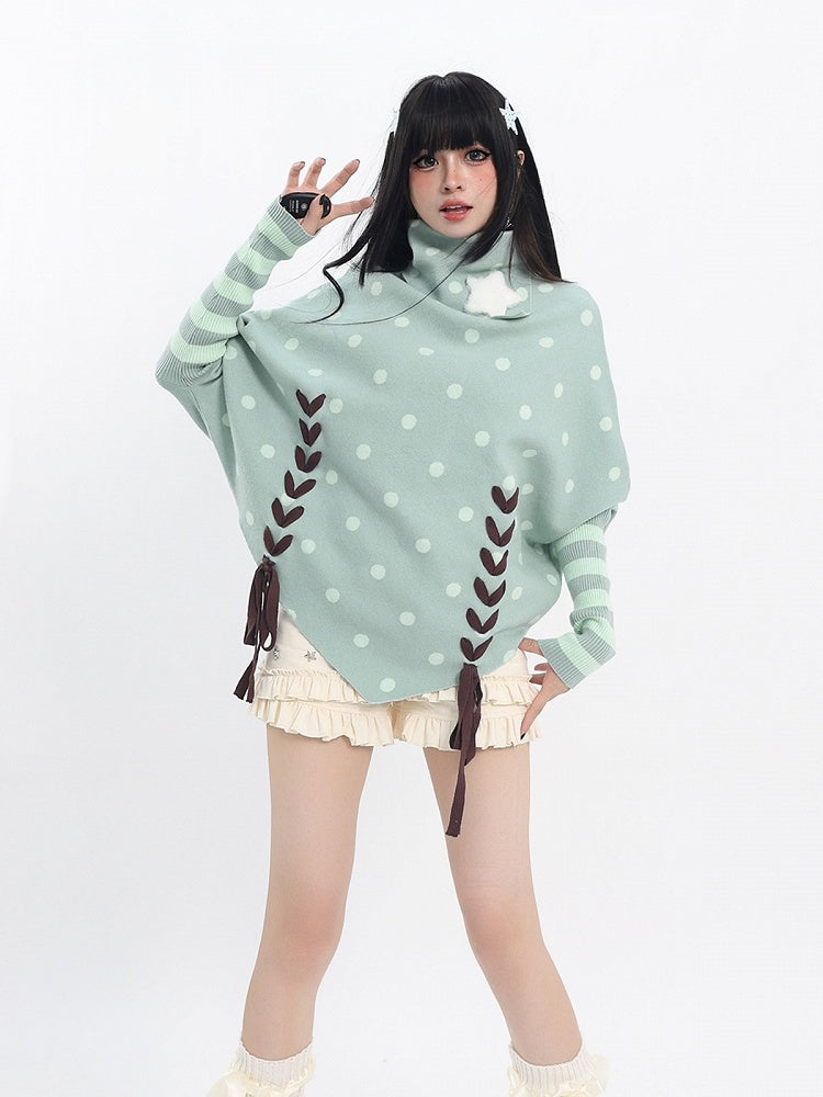 Mint Green Y2K Turtleneck Sweater with Polka Dots, Pointed Hem & Lace-Up - Catwish