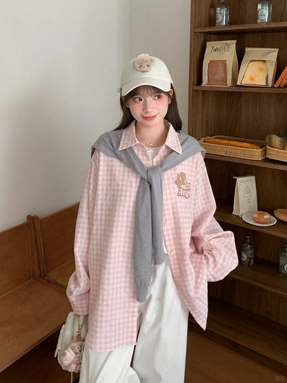 Pink Loose Plaid Shirt Adorable Bear Embroidery