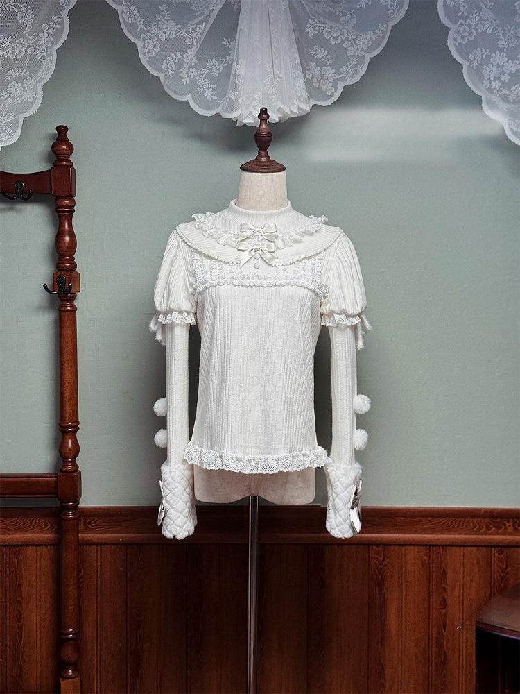 Pom-poms with White Top and Bows Knitted Long Sleeves