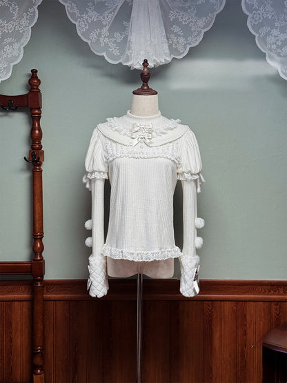 Pom-poms with White Top and Bows Knitted Long Sleeves