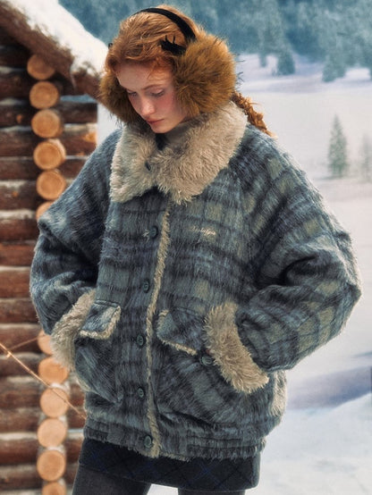 with Accents Blue Vintage Coat Contrast Furry Plaid