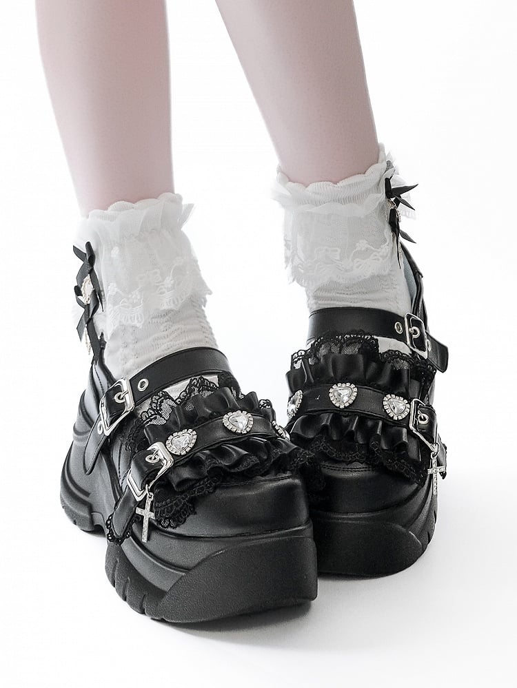 Bittersweet Heart Ruffles Black Details Rhinestone Cross Charm Trim Platforms