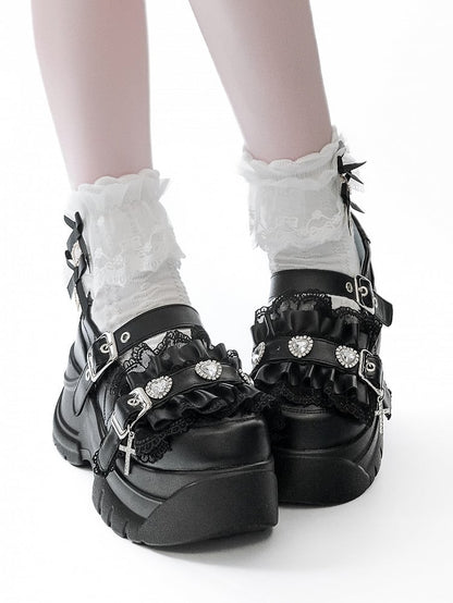 Bittersweet Heart Ruffles Black Details Rhinestone Cross Charm Trim Platforms