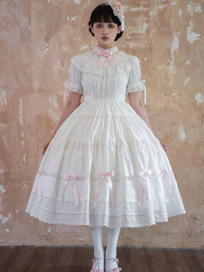 School Lolita Accents and OP Dress Pink Edward Old White Neck Cotton Bow Set