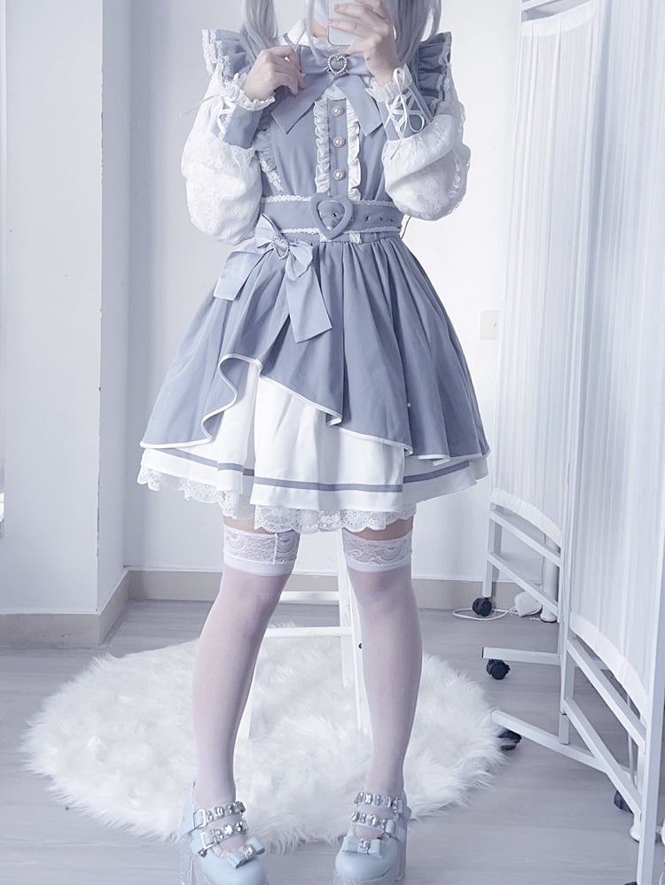 Heart Jirai Dusty Details Blue Decorated Kei Rhinestone Bowknot