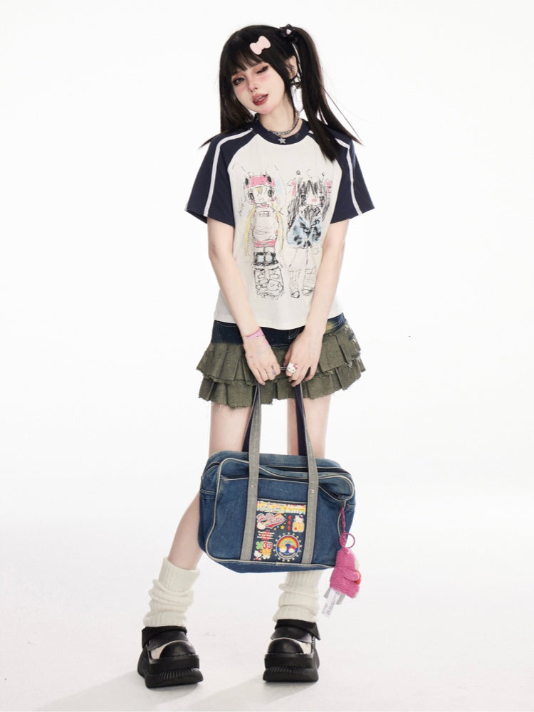 黒と白のデザインカラーブロックプリントTシャツアニメグラフィティ