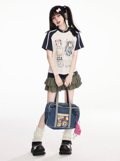 黒と白のデザインカラーブロックプリントTシャツアニメグラフィティ