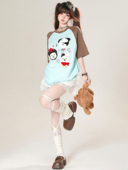 T-Shirt Plüsch Kawaii Beige/Blau Welpe Buchstaben Applikation Stickerei Alltag