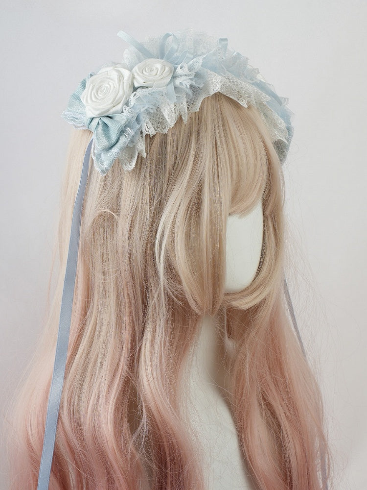 Lolita Blue Floral and Bow Ruffled Lace Trim Hairband