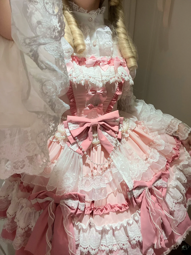 Skirt and Sweet Bead Lolita Dress Detachable Details Pink Tiered Bows