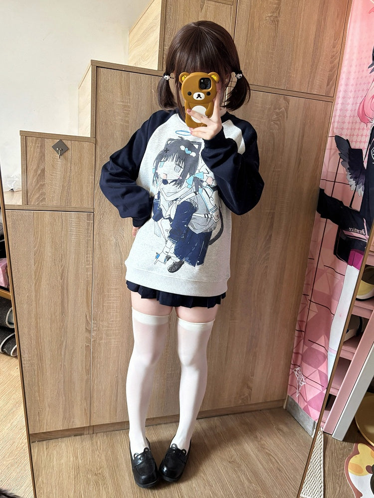 White Colorblock Sweatshirt Crew Cartoon Design Neck Girl with Print