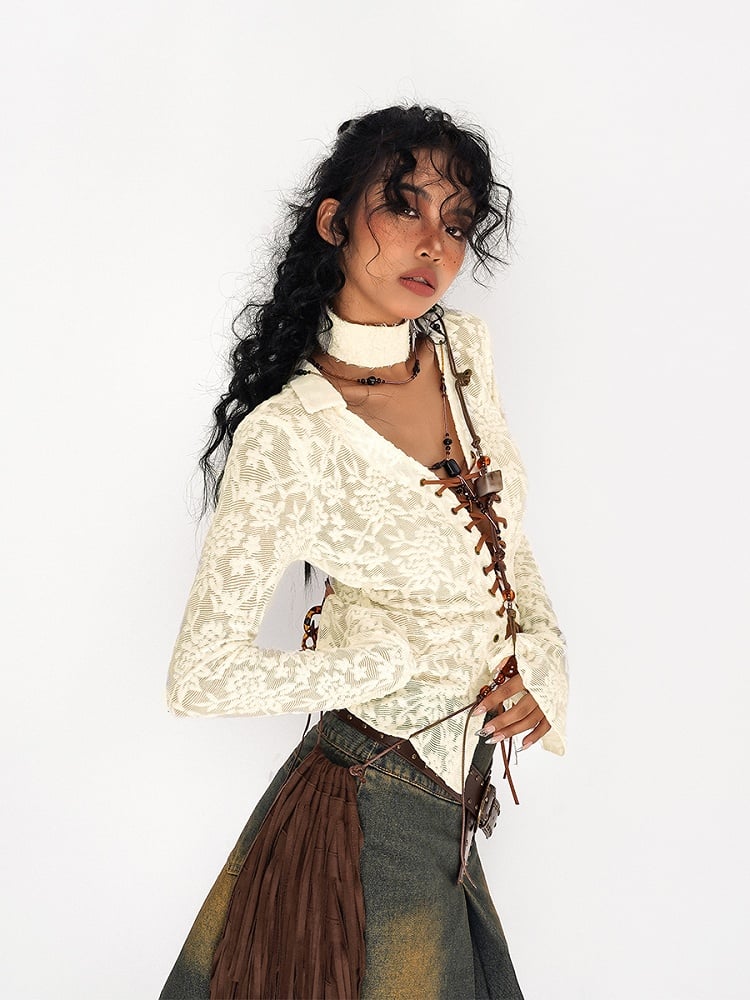 Embroidery  Bell Sleeves Beige Flocked Mesh Floral Lace-up Blouse with