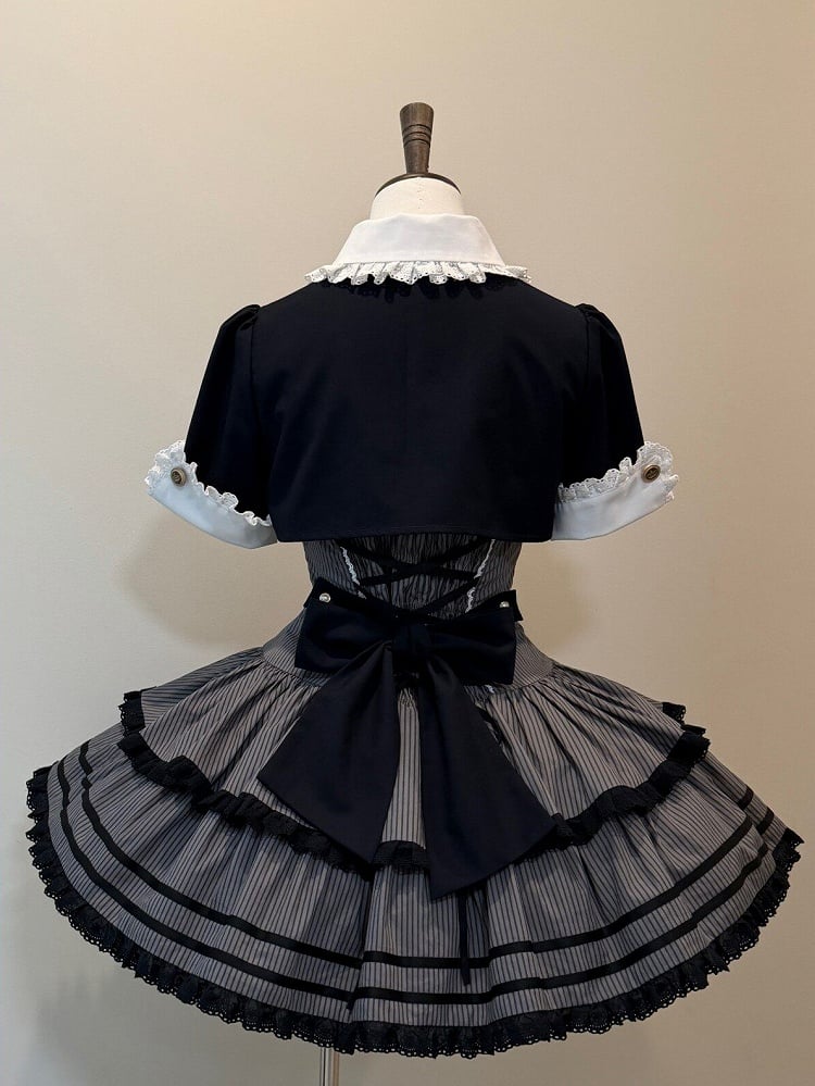 Monochrome Preppy Striped Two-Piece Gown with Crown Embroidery - Fairy Faith