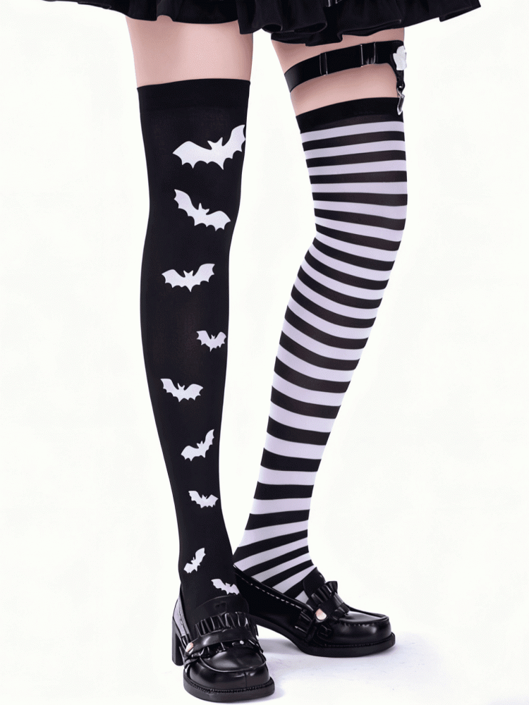 White Pattern Striped Black Halloween Stockings Design Gothic Asymmetrical Bat