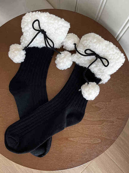 Lolita-Baumwollsocken mit Fleece-Bündchen und Pompons